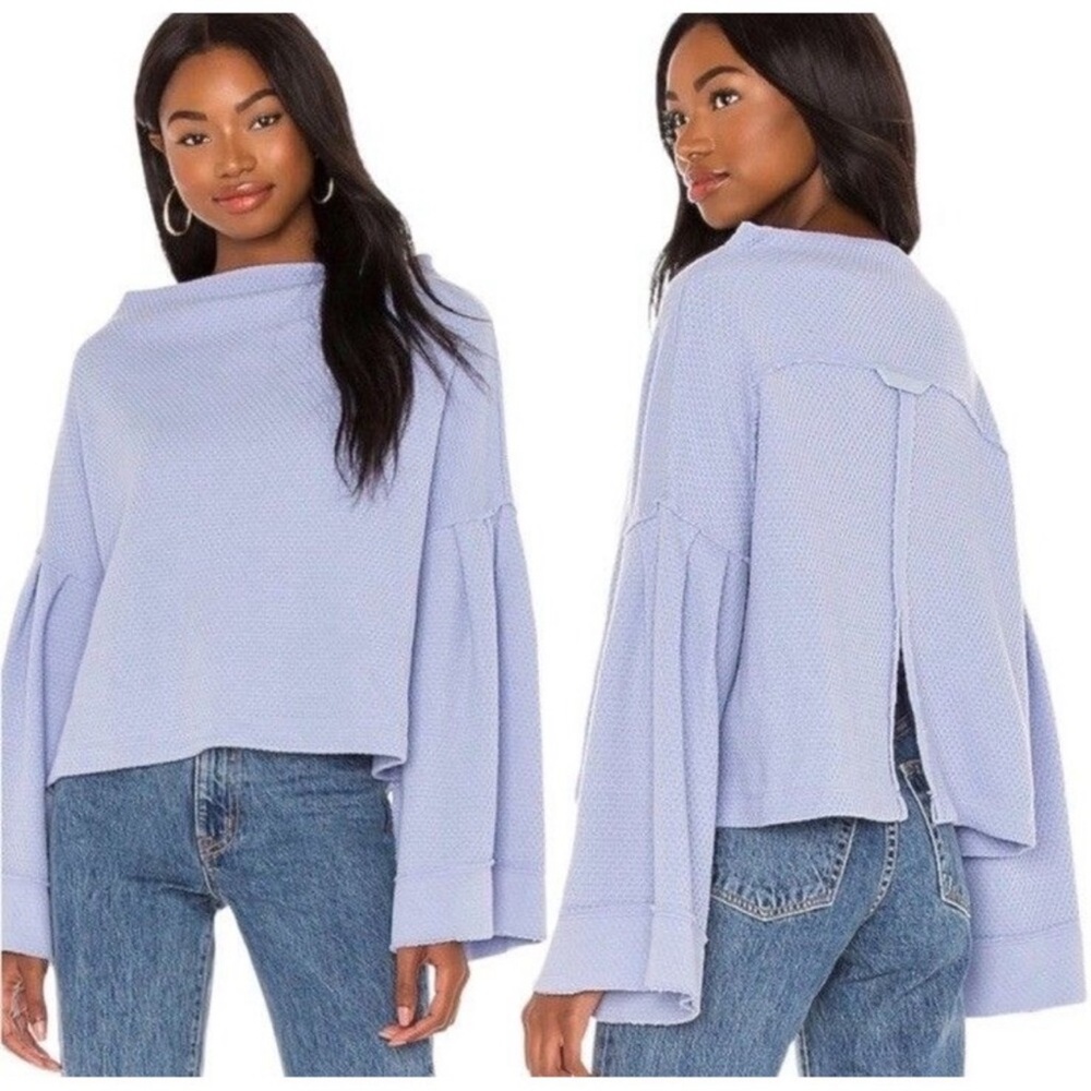 Free People We the Free Bunny Crop Thermal Pullover Blue Moon Wide Bell Sleeve-S